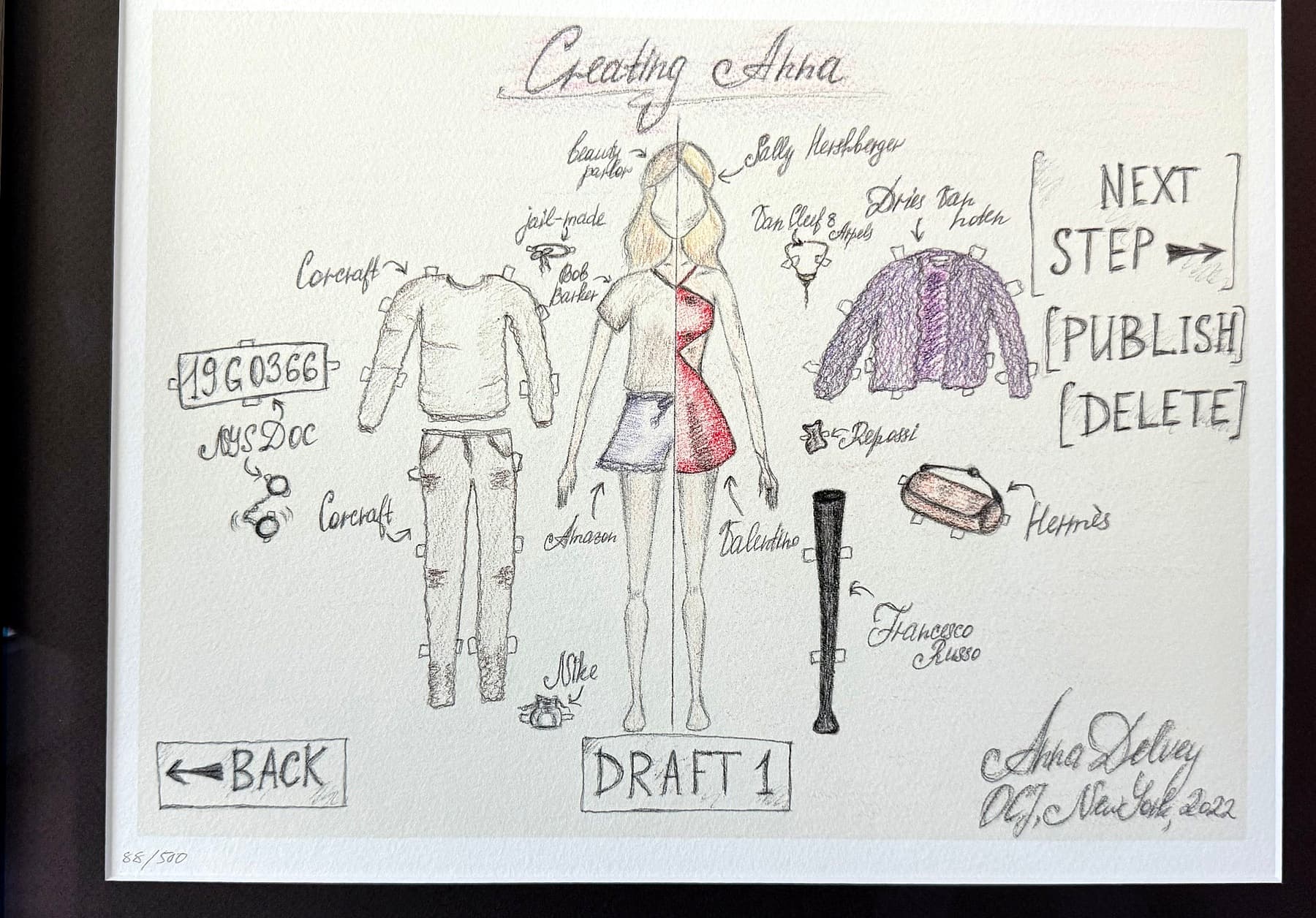 Framed drawing by Anna Delvey