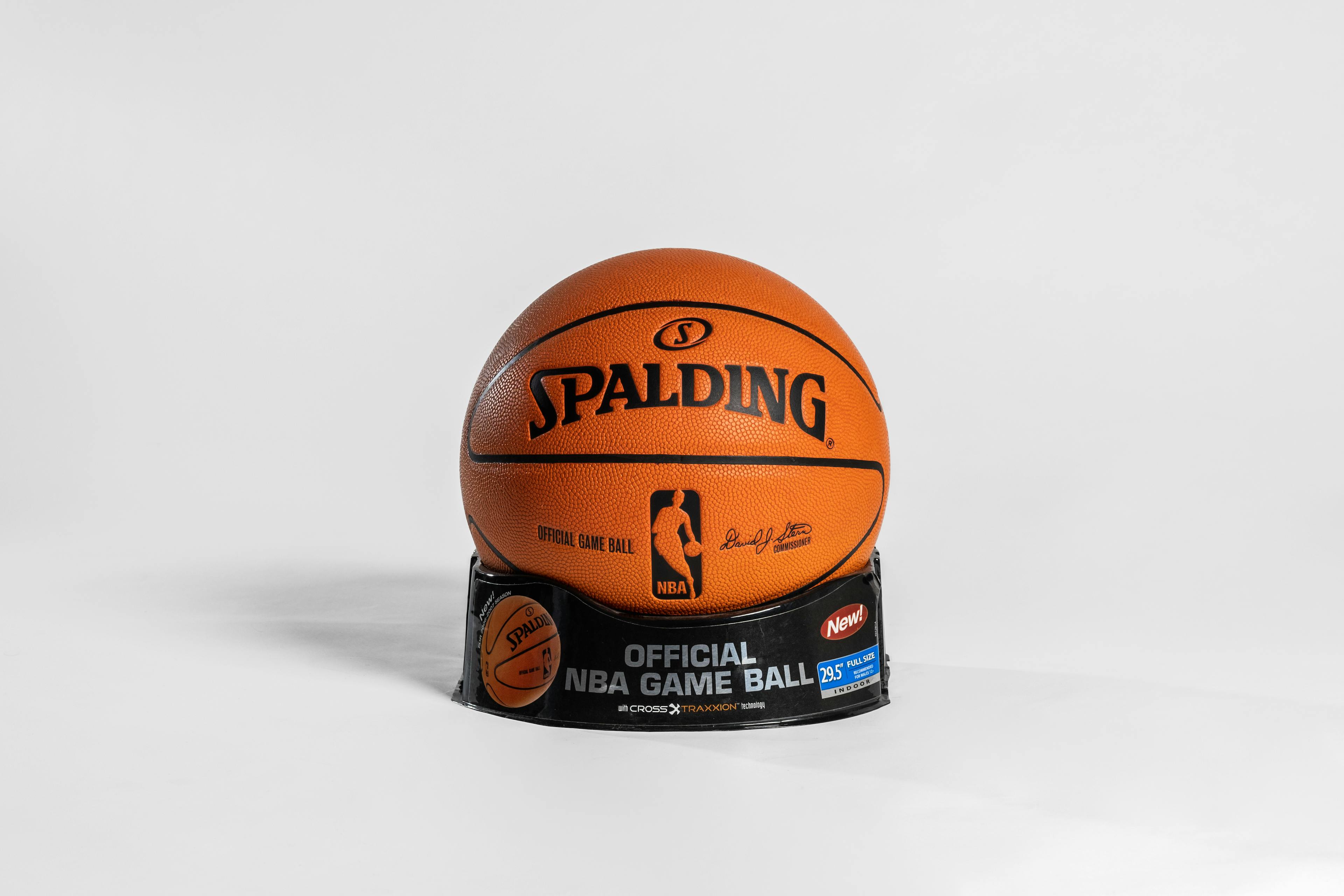 A photograph of a Spalding synthetic basketball